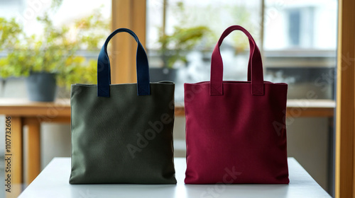Wallpaper Mural Two tote bags, olive and burgundy, on white table. Torontodigital.ca