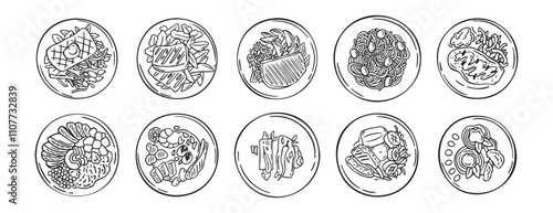Meal served on plate top view hand drawn doodle icons vector set. Outline drawing line clipart symbol hand drawn fried meal collection