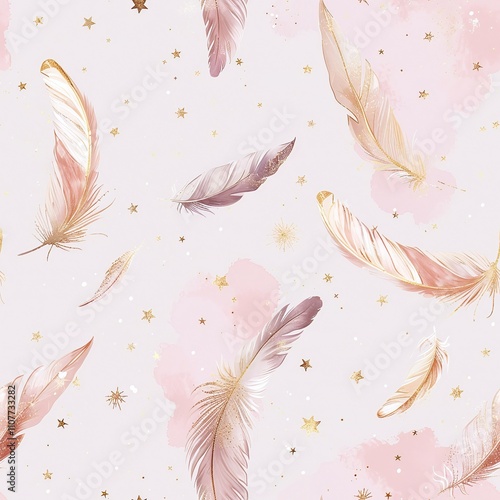 Delicate feathers and golden stars on a soft pink background create an enchanting ambiance.