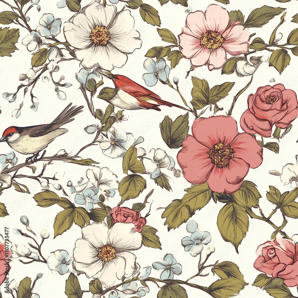 Seamless vector pattern with tea rose and sparrows in gentle shades