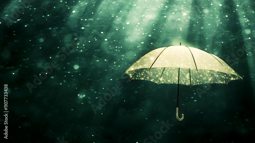 Wallpaper Mural A translucent, cream-colored umbrella floats in a dark, ethereal atmosphere, illuminated by soft light beams, creating a dreamy, mysterious scene. Torontodigital.ca