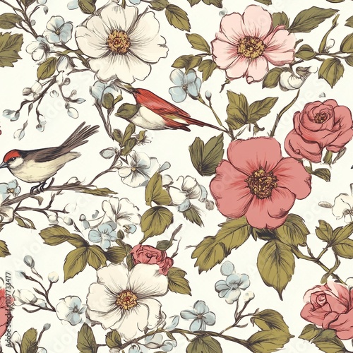 Seamless vector pattern with tea rose and sparrows in gentle shades photo