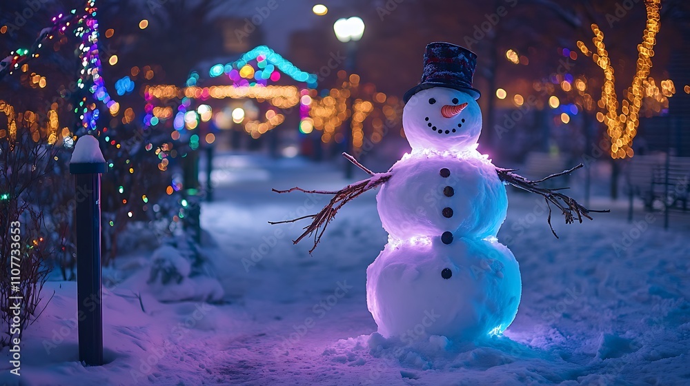 Obraz premium A frosty snowman with twig arms in a snowy urban park with glowing holiday decorations in the background