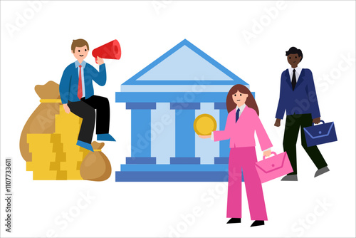Depositors in the bank, call to keep money in the bank. Vector simple color flat illustration.