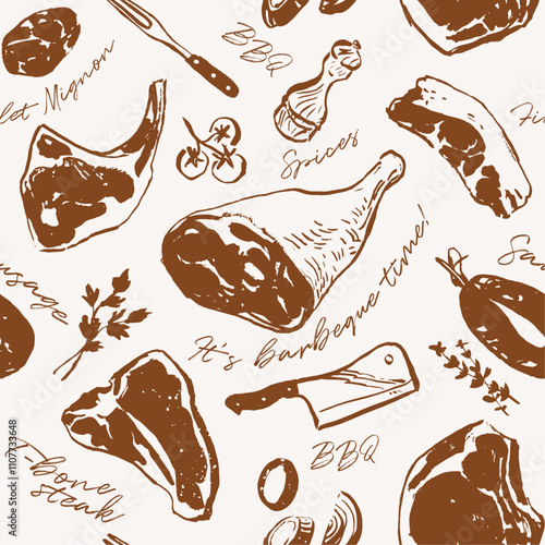 Seamless pattern with silhouette drawings of meat cuts, wrapping paper design for butcher shop, barbeque restaurant menu template