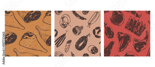 Meat silhouette drawings, seamless pattern design set of three