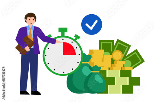 Prepayment penalty. Man with money and timer. Vector simple color flat illustration.