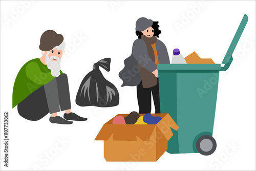 Poverty. Beggar man and woman near the garbage can.