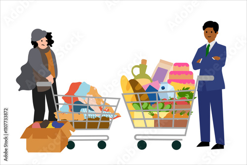 Standard of living. Rich man and a poor woman.  Full trolley of food and an empty trolley. Vector simple color flat illustration.