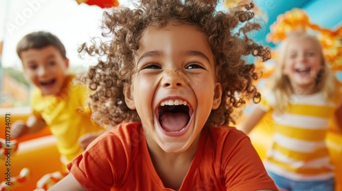 Three joyous children engage in lively play on a vibrantly colored inflatable slide, their expressions capturing the essence of carefree childhood and unfettered happiness. photo