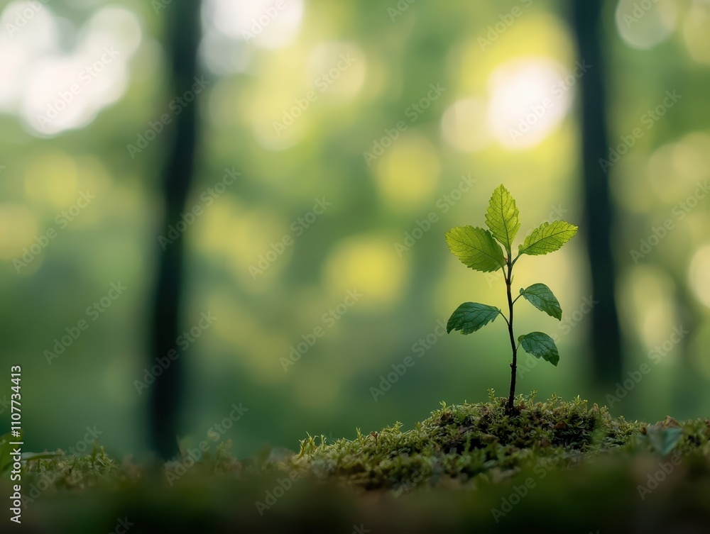 Fototapeta premium A small green plant sprouts from the ground, surrounded by soft moss and a blurred forest background, symbolizing growth and nature.
