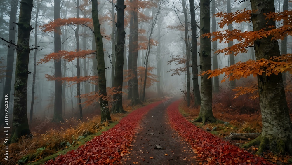 Fototapeta premium Misty autumn forest path with red leaves.