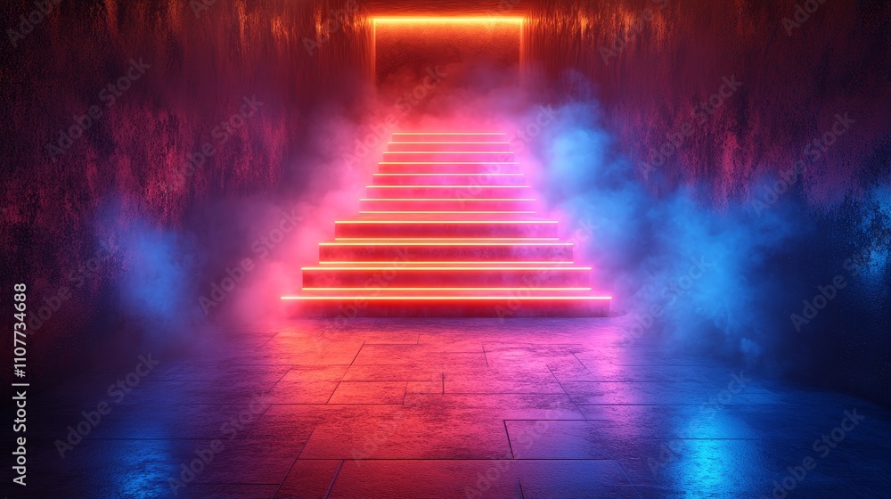 Naklejka premium Glowing neon staircase in a foggy, mysterious corridor