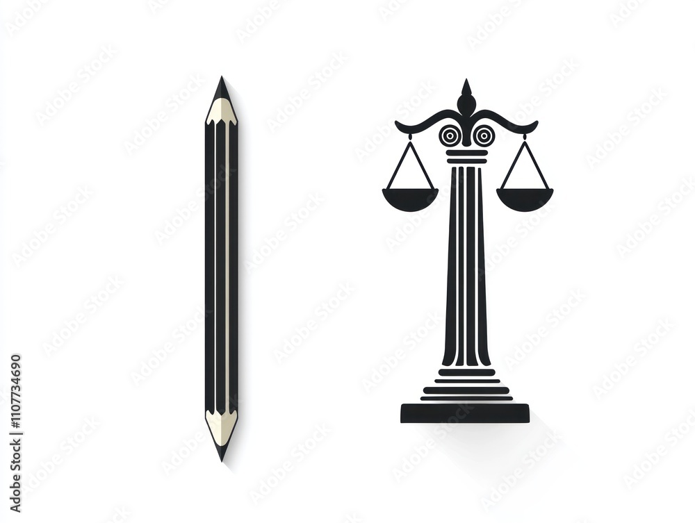 Fototapeta premium Here's a possible and keyword list for your image.. Pencil & Scales of Justice Law, drafting, and fairness concept.