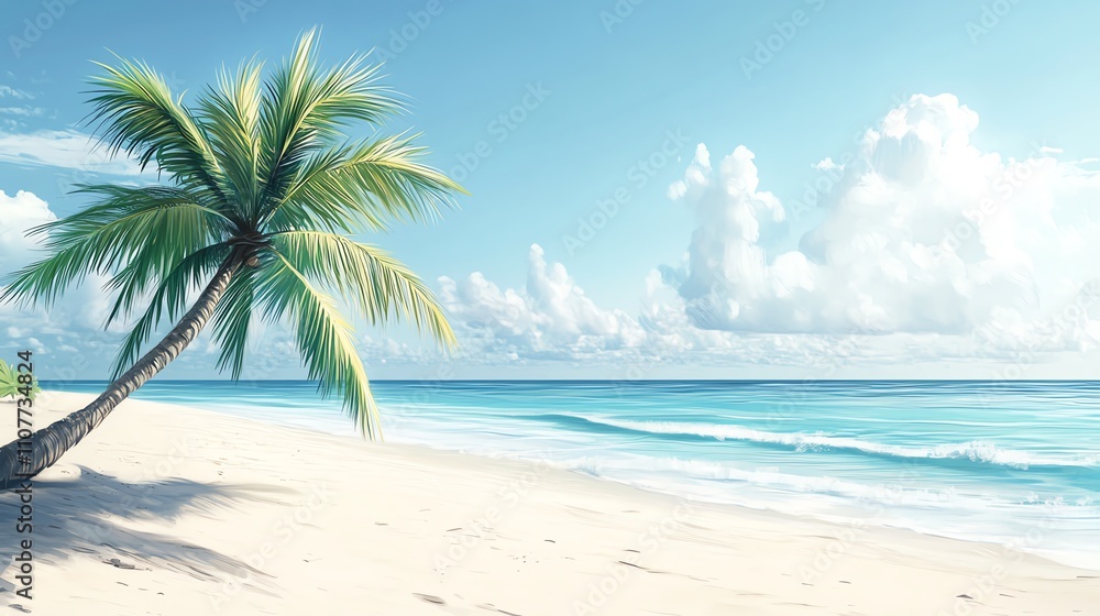Fototapeta premium a 2D cartoon illustration of a coconut palm on a sandy beach, relaxing and tropical, white background--ar 16:9