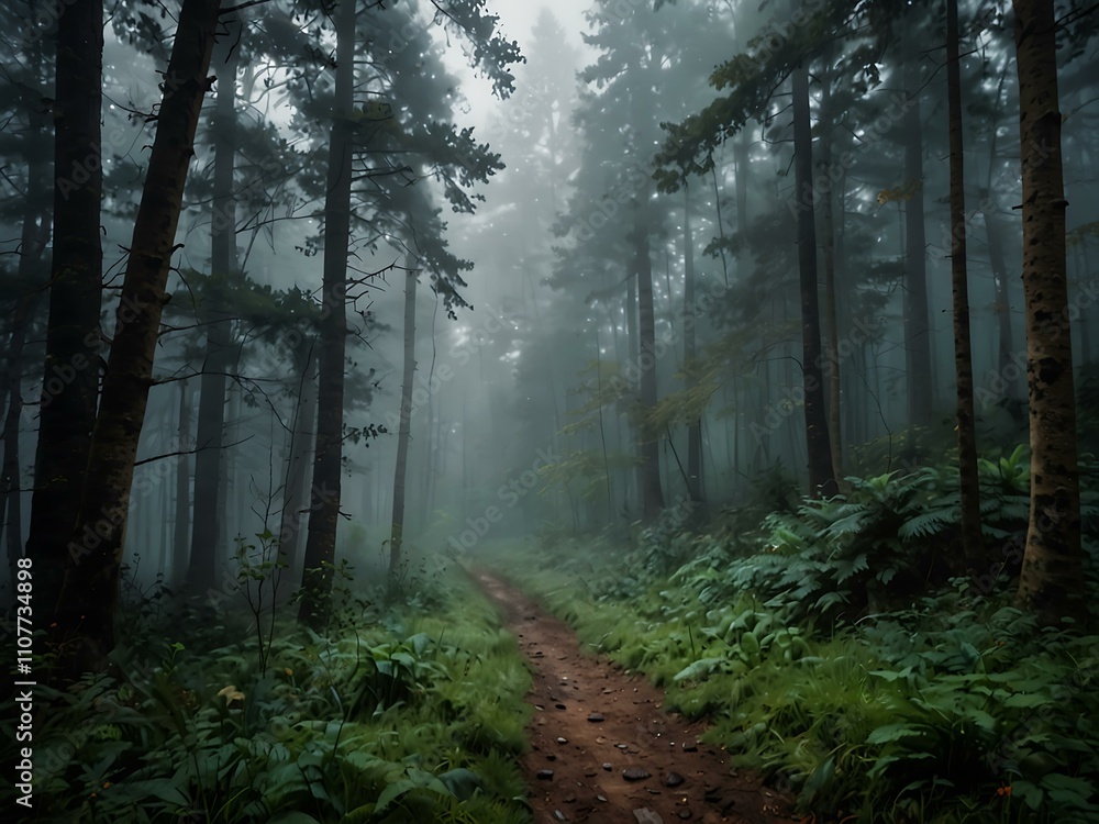 Fototapeta premium Misty forest landscape painting.