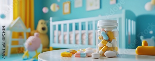 Stylishly Arranged Prenatal Vitamins in a Baby s Room with Toys and Crib in the Background photo