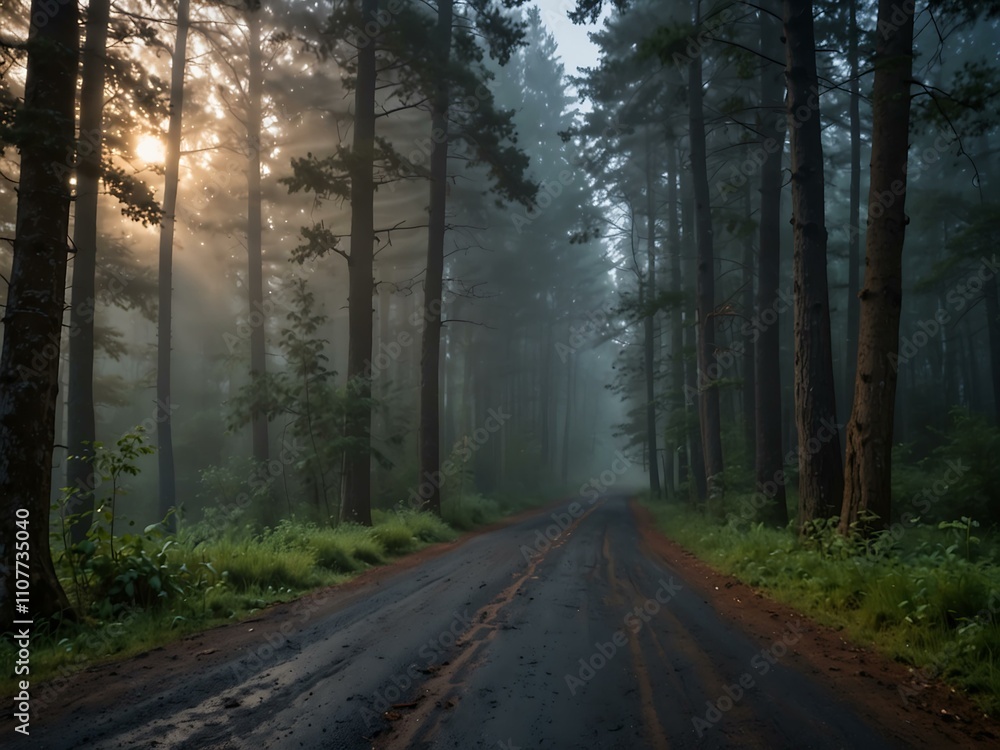 Fototapeta premium Misty forest road at dawn.