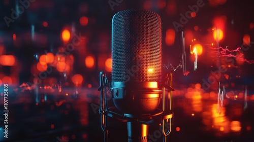 A close-up of a vintage microphone with red and blue lighting, blurred bokeh lights, and a wave pattern in the background.