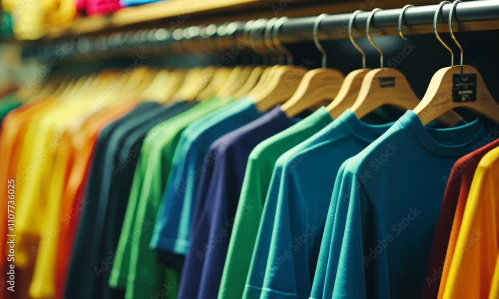 Colorful T-shirts Hanging on Wooden Hangers in a Retail Store Colorful T-shirts Hanging on Wooden Hangers in a Retail Store