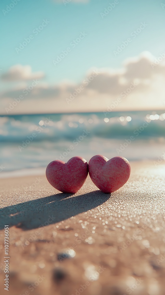 Fototapeta premium Two lovely hearts placed sandy beach scenery image