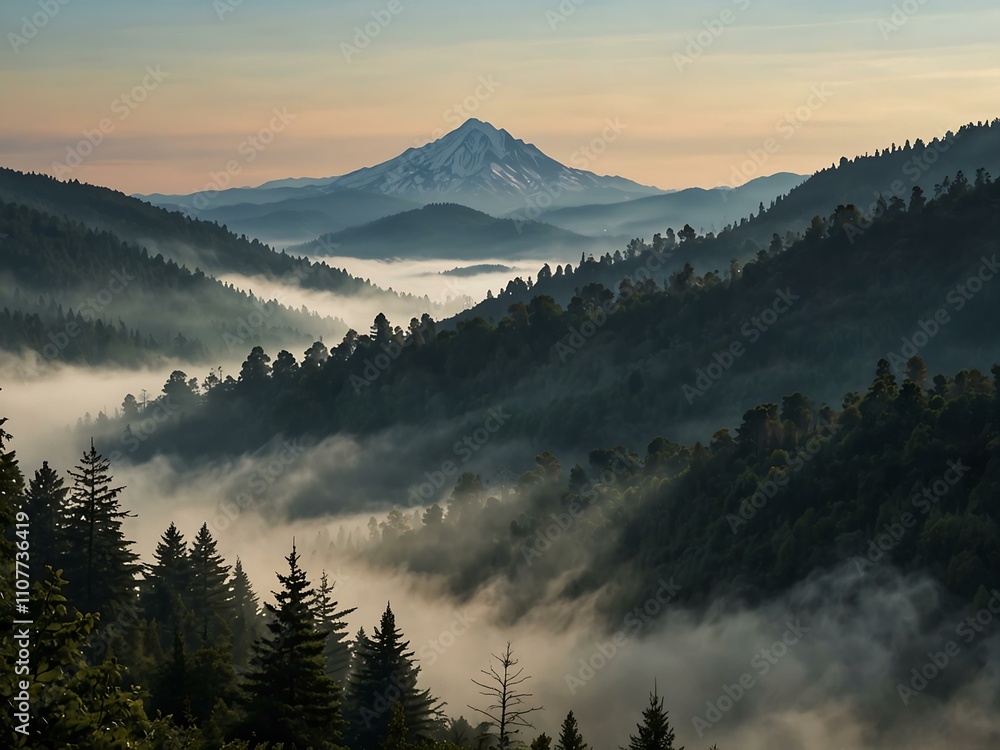 Obraz premium Misty mountain view in the distance.