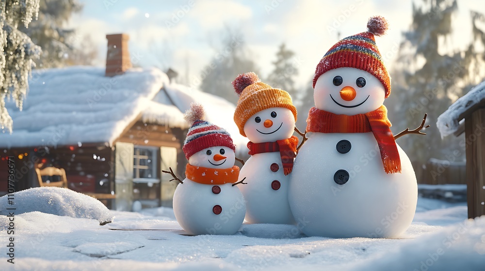 Obraz premium A snowman family with matching hats and scarves placed in a cozy backyard covered in thick snow