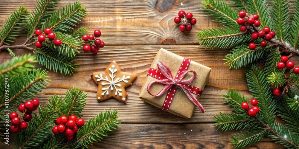A rustic wooden background adorned with evergreen branches, red berries, a gingerbread star, and a gift wrapped in brown paper with a red ribbon and white polka dots. A rustic wooden background adorned with evergreen branches, red berries, a gingerbread star, and a gift wrapped in brown paper with a red ribbon and white polka dots.