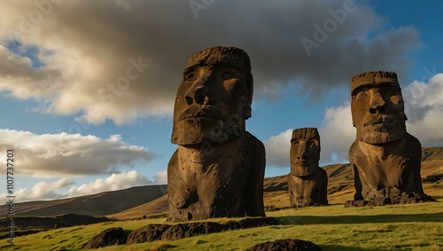 Moai statues at Rano Raraku Volcano, Easter Island, Chile. photo