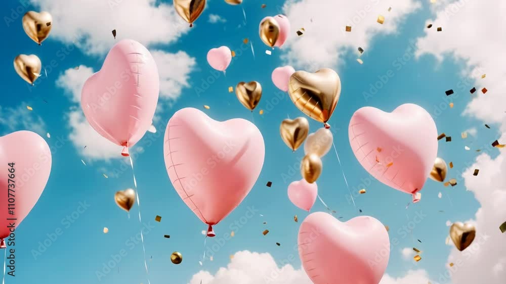 Pink and gold heart-shaped balloons float amidst a clear blue sky with scattered clouds, surrounded by falling confetti, creating a festive atmosphere. Pink and gold heart-shaped balloons float amidst a clear blue sky with scattered clouds, surrounded by falling confetti, creating a festive atmosphere.
