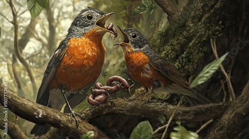 Two Orange Breasted Birds Sharing Food In Forest photo