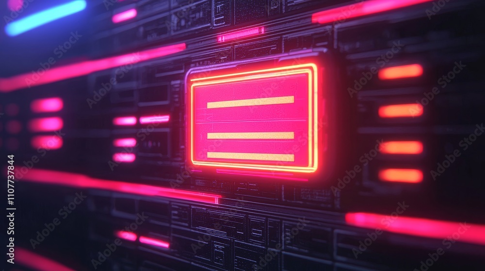 Obraz premium A vibrant, abstract digital circuit board with glowing neon lines and a central illuminated rectangle, evoking a sense of technology and innovation.