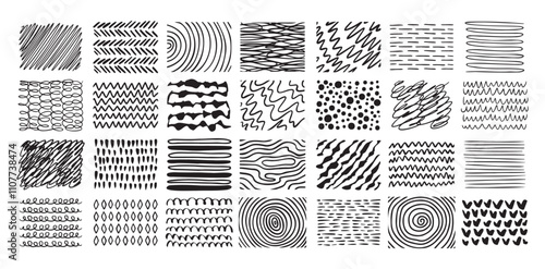 Hand drawn crosshatch line drawing set. Different pen scratch. Doodle isolated vector. 
