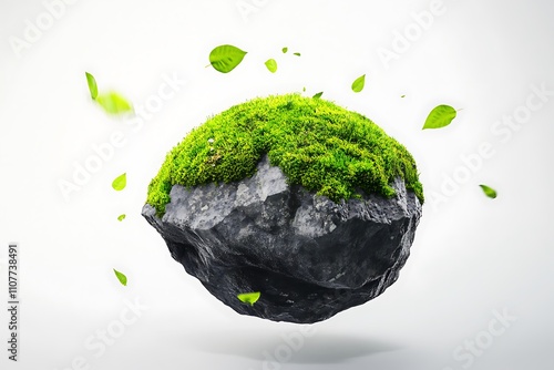 Green planet Earth from moss isolated on white background. Symbol of sustainable development and renewable energy