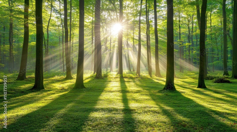 Fototapeta premium Sunbeams Illuminate Lush Green Forest Canopy