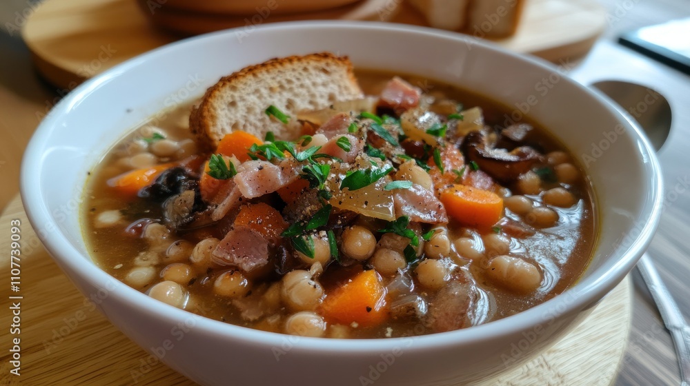 Homemade and tasty soup made from wild mushrooms, bacon, carrots and barley groats. Homemade and tasty soup made from wild mushrooms, bacon, carrots and barley groats.