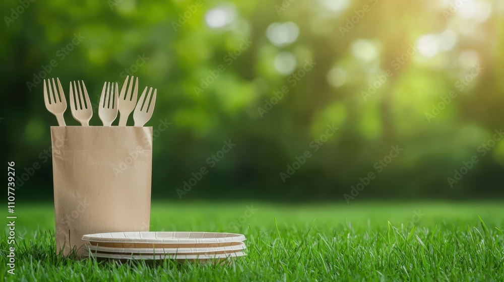 Naklejka premium Eco-friendly utensils and plates on grass, perfect for outdoor dining or picnics.