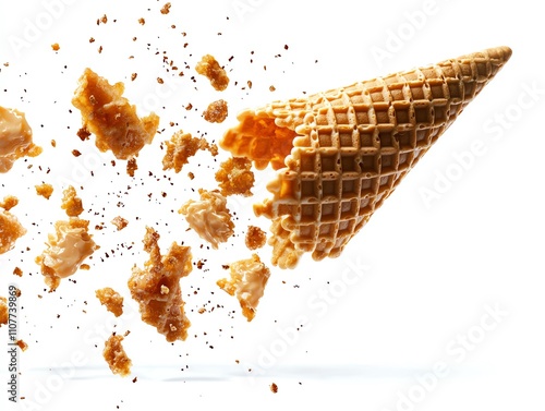 A delicious ice cream cone is bursting apart, with pieces flying in all directions against a clean white background, creating a sense of motion and playful indulgence. photo