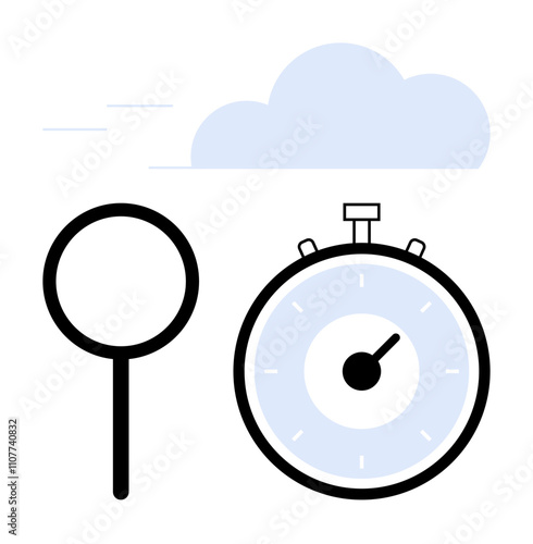 Stopwatch magnifying glass and cloud with motion lines. Ideal for themes of time, search, efficiency, speed, cloud computing, investigation, and analytics. Line metaphor