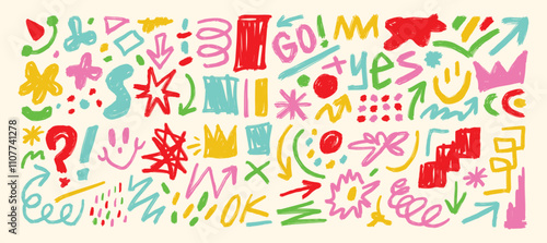 Hand drawn organic grunge bold shapes, curved lines and dots vector set. Geometric set in Memphis style. Grunge swirled brush stroke, curly and straight lines.