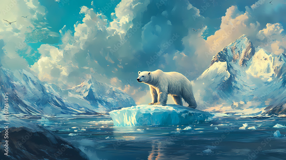 Naklejka premium A majestic polar bear stands on a floating iceberg in an arctic landscape, surrounded by icy waters and dramatic skies. Glacial. Illustration