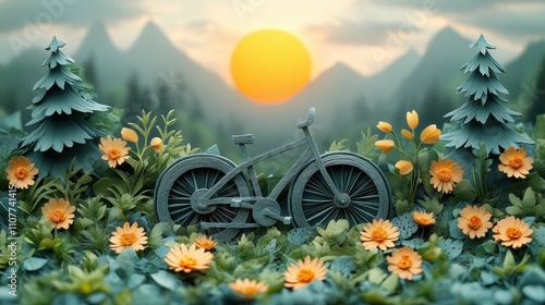 a bicycle powered by solar energy highlight color contrast photography paper cut craf photo