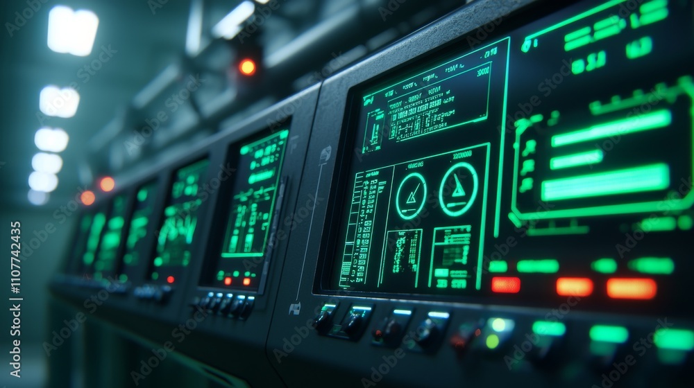 Fototapeta premium A close-up view of high-tech control panels with glowing green displays, showcasing various data readings and digital interfaces in a futuristic setting.