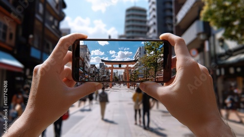 A person is holding a cell phone up to their eye to take a picture of a busy str