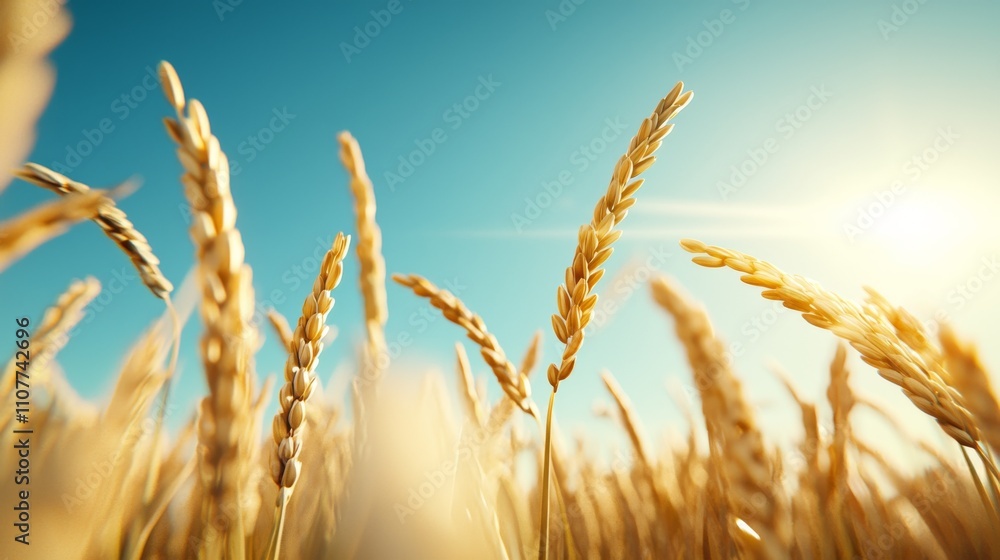 Obraz premium ears of rice grain sunlight concept. Golden wheat under a clear sky
