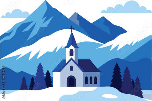 Church on the Mountains - Scenic Religious Landscape Vector Illustration photo