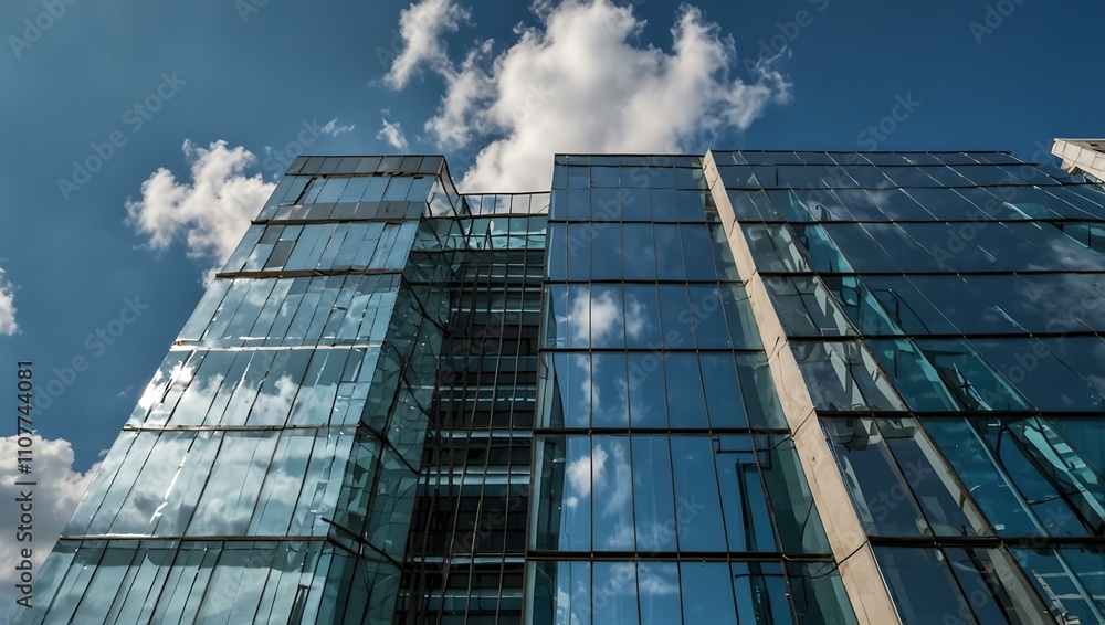Fototapeta premium Modern glass office building under blue sky.