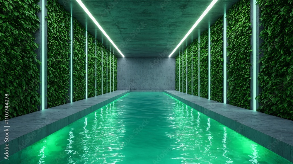 Obraz premium A modern, serene indoor pool surrounded by lush greenery and illuminated by sleek neon lights.
