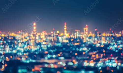 Blurred cityscape of an industrial area at night, featuring bright bokeh lights and glowing factory towers against a dark sky