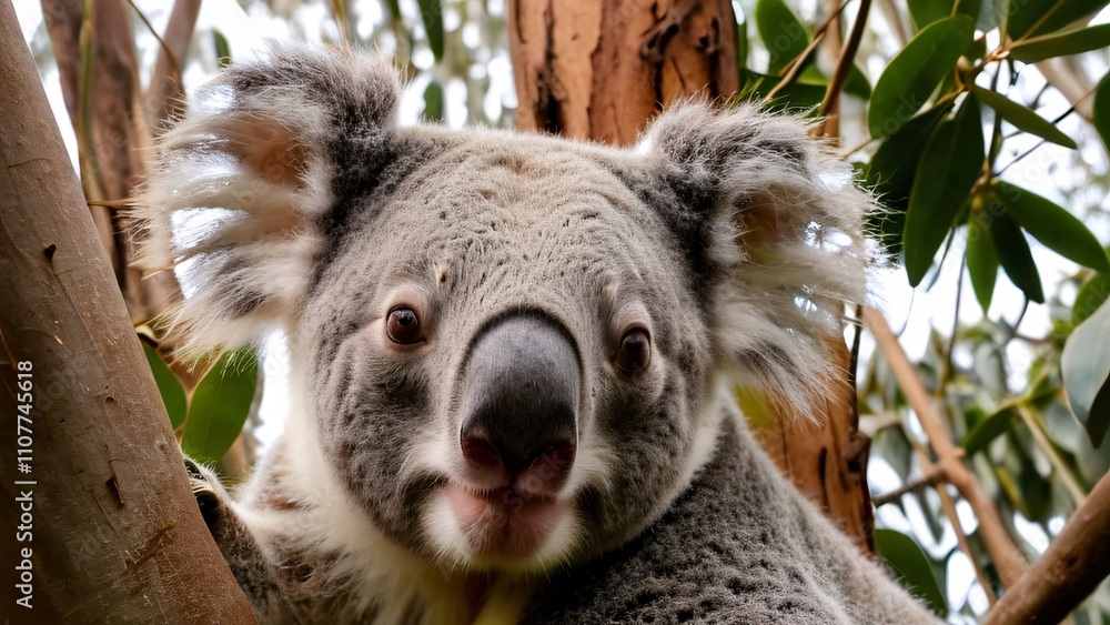 Obraz premium Sleepy Koala Resting in Eucalyptus Tree with Serene Expression